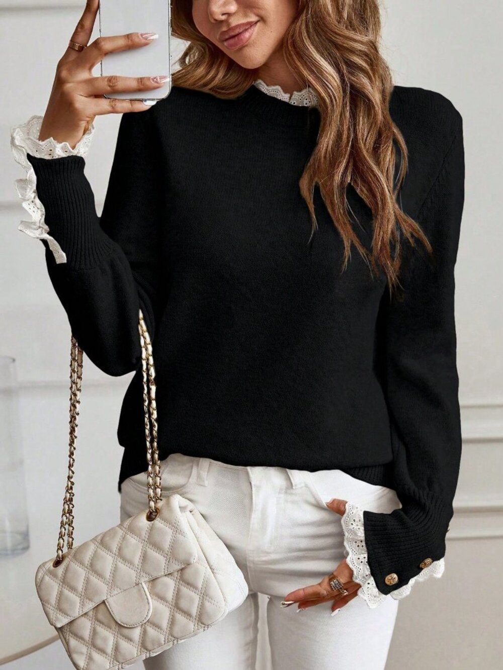 Black Women's Casual Lace Trim Round Neck Long Sleeve Sweater - Picture 5 of 6